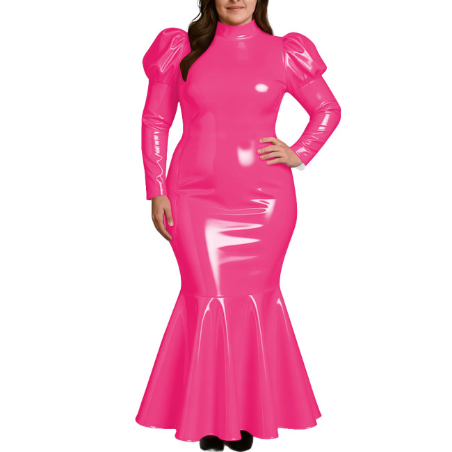 Plus Size Elegant High Neck Long Mermaid Dress for Womens Glossy PVC Leather Ruffles Slim Fit Dress Coctail Party Club Vestidos