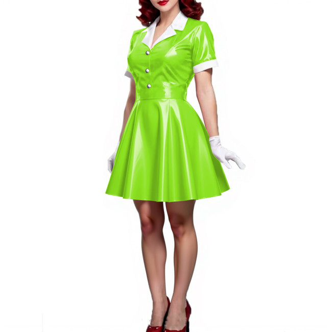 Wet Look Patent Leather A-line Mini Dress Turn-down Collar Short Sleeve Button Up Pleated Short Dress PVC Shiny Vestido Clubwear