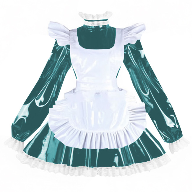 Sissy PVC Shiny Leather Maid Servant Uniform Lockable A-line Ruffles Lace Cosplay Maid Dress with Apron Halloween Party Outfits