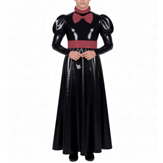Mens Sissy Crossdress Long Maid Dresses with Lock Lolita Bow Vinyl PVC Leather Maid Dress Outfits Party Servant Cosplay Costume