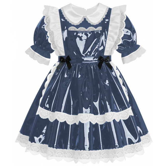 Sweet Preppy Glossy Lace Trims A-line Maid Dress Lockable PVC Leather Mini Dress with Apron Sissy Party Role Play Maid Uniform