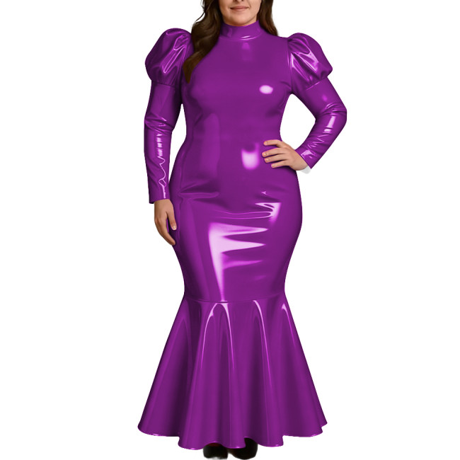 Plus Size Elegant High Neck Long Mermaid Dress for Womens Glossy PVC Leather Ruffles Slim Fit Dress Coctail Party Club Vestidos