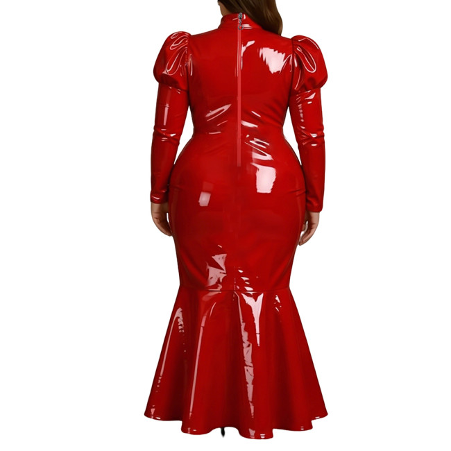 Plus Size Elegant High Neck Long Mermaid Dress for Womens Glossy PVC Leather Ruffles Slim Fit Dress Coctail Party Club Vestidos