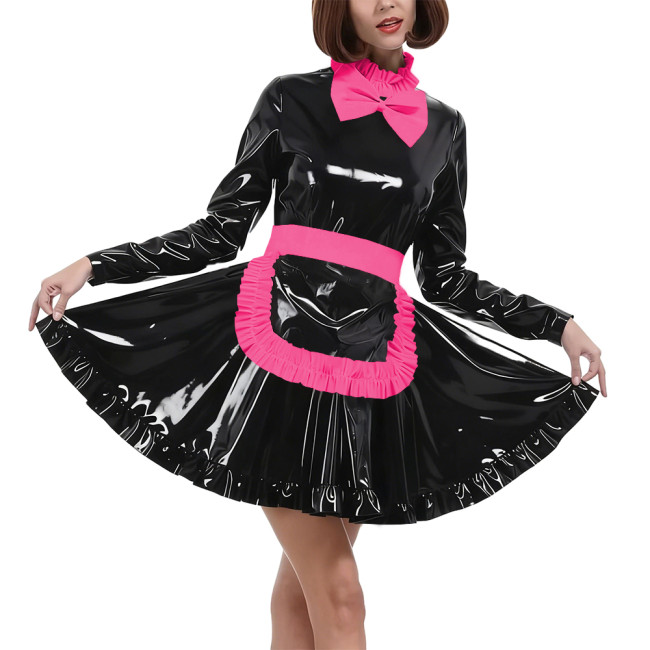 Elegant Bow Maid Uniforms Lockable Glossy PVC Leather Long Sleeve Maid Dresses with Apron Crossdresser Role Play Maid Costume