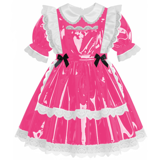 Sweet Preppy Glossy Lace Trims A-line Maid Dress Lockable PVC Leather Mini Dress with Apron Sissy Party Role Play Maid Uniform