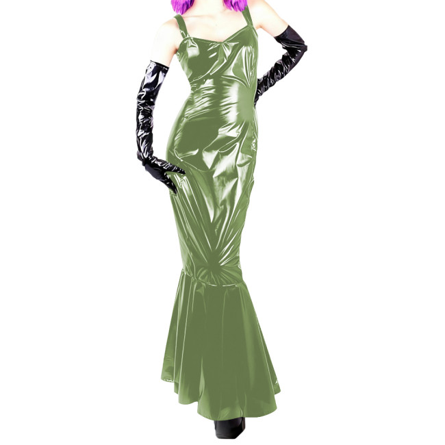 Womens Sexy PVC Glossy Leather Sling Long Dress Nightclub Wetlook Sleeveless Off-shoulder Slim Mermaid Dress Evening Party Gowns