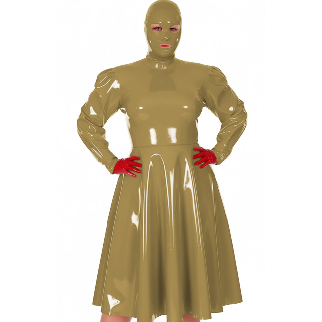 Plus Size Exotic Midi Masked Dress Women's Chic Long Sleeve Pleated A-line Dress Vinyl PVC Leather Nightclub Party Hooded Dress