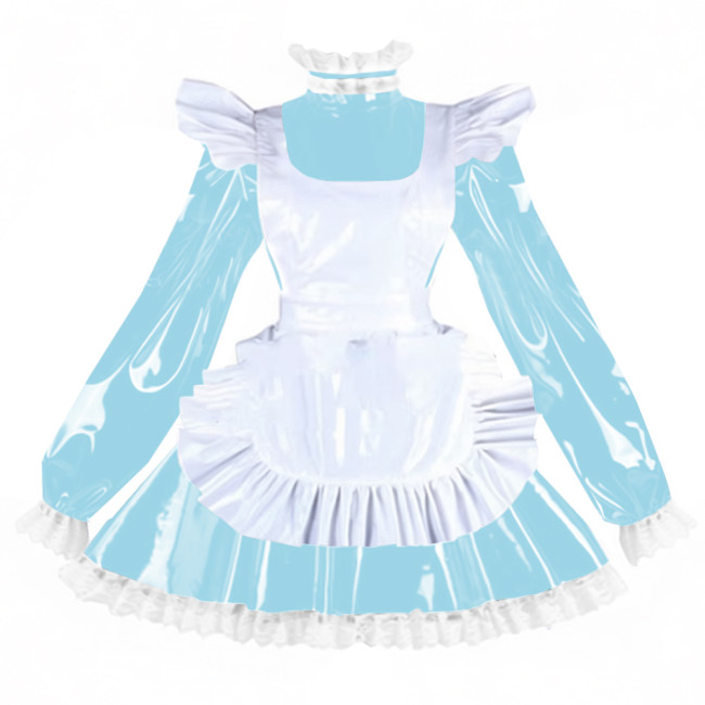 Sissy PVC Shiny Leather Maid Servant Uniform Lockable A-line Ruffles Lace Cosplay Maid Dress with Apron Halloween Party Outfits