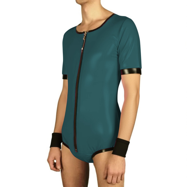 Mens Short Sleeve Lockable Leotard Wetlook Cosplay Bodysuit Vinyl PVC Leather Undershirt Rompers Male Clubwear Zipper Slim Tops