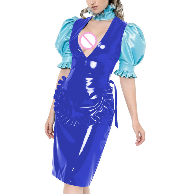 Puff Short-Sleeved Elegant Maid Dress Sexy Party Shiny PVC Women V-neck Colorblock Bodycon Maid Dress with Apron Cosplay Outfits
