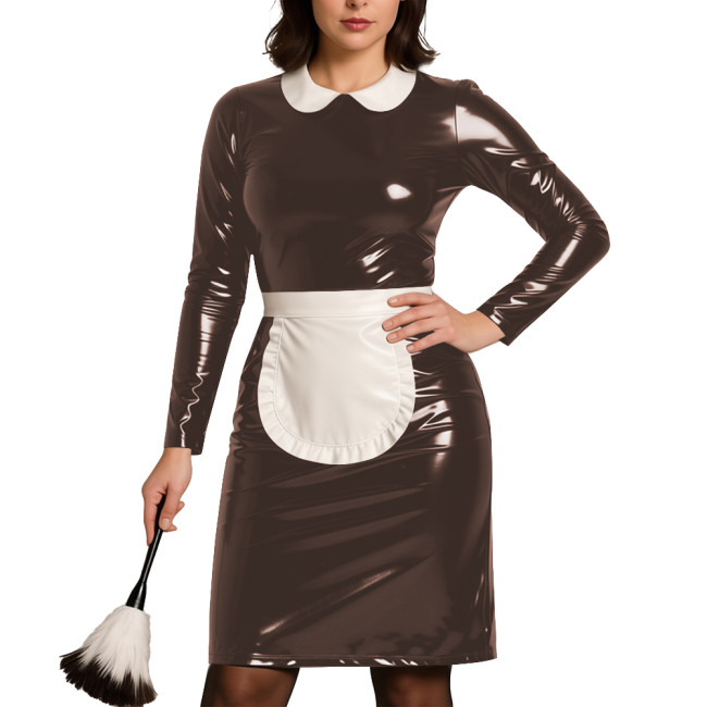 Womens Party Cosplay Maid Uniform Wetlook PVC Leather Long Sleeve Bodycon Maid Dress with Apron Festival Role Play Costumes