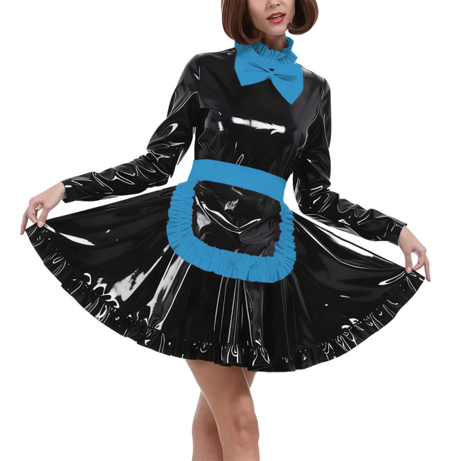Elegant Bow Maid Uniforms Lockable Glossy PVC Leather Long Sleeve Maid Dresses with Apron Crossdresser Role Play Maid Costume