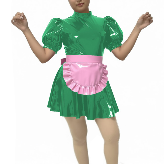 New Sissy PVC Puff Short Sleeve Maid Dress Outfits Wetlook Sissy Cosplay High Neck Maid Set Halloween Carnival Party Costume