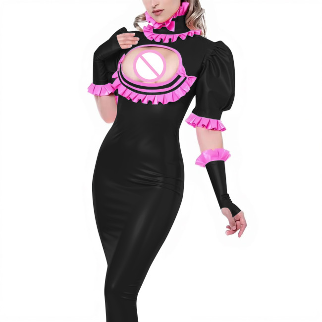 Sexy Ladies Wet Look Bodycon Long Dress Cocktail PVC Shiny Leather Hollow Tight Dress Puff Short Sleeve Ruffles Collar Clubwear