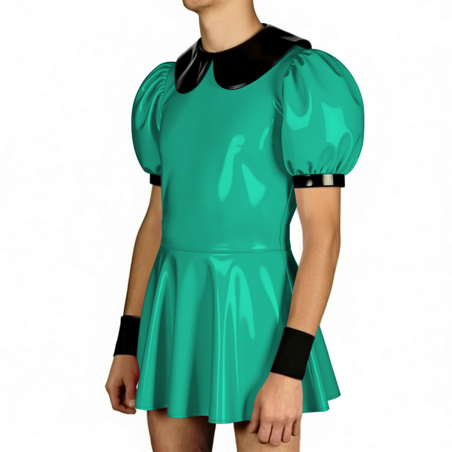 Mens Sissy Doll Collar Puff Short Sleeve A-line Dress PVC Glossy Leather Club A-Line Pleated Mini Dress Lockable Cosplay Dresses