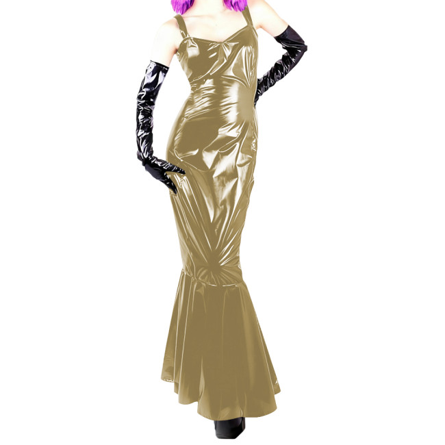 Womens Sexy PVC Glossy Leather Sling Long Dress Nightclub Wetlook Sleeveless Off-shoulder Slim Mermaid Dress Evening Party Gowns