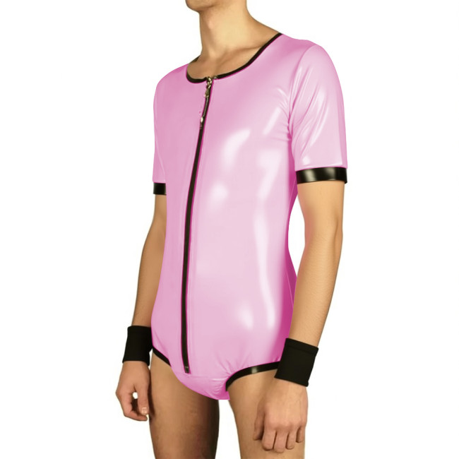 Mens Short Sleeve Lockable Leotard Wetlook Cosplay Bodysuit Vinyl PVC Leather Undershirt Rompers Male Clubwear Zipper Slim Tops