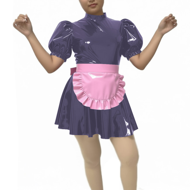 New Sissy PVC Puff Short Sleeve Maid Dress Outfits Wetlook Sissy Cosplay High Neck Maid Set Halloween Carnival Party Costume