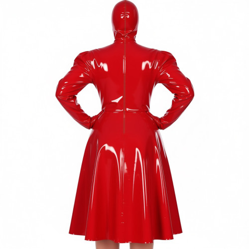 Plus Size Exotic Midi Masked Dress Women's Chic Long Sleeve Pleated A-line Dress Vinyl PVC Leather Nightclub Party Hooded Dress