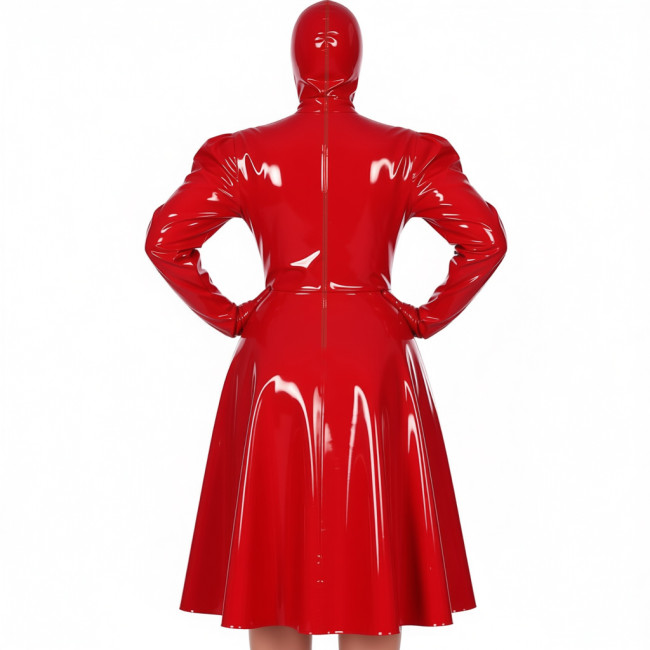 Plus Size Exotic Midi Masked Dress Women's Chic Long Sleeve Pleated A-line Dress Vinyl PVC Leather Nightclub Party Hooded Dress