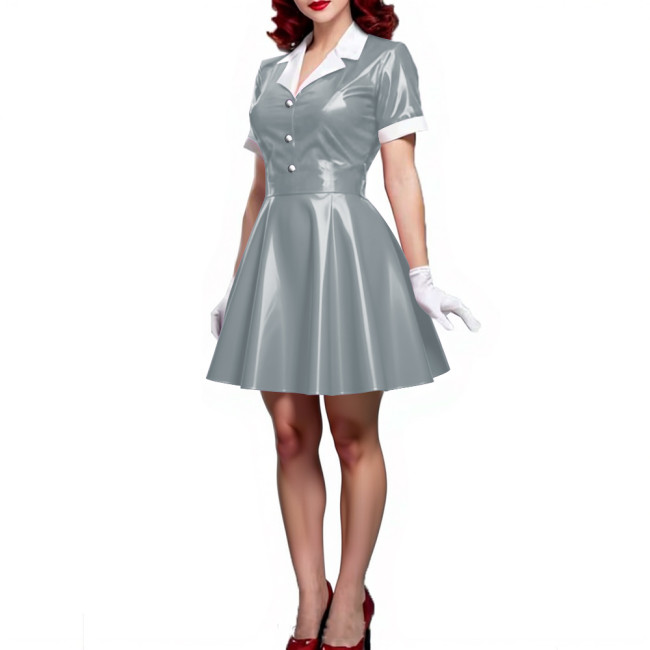 Wet Look Patent Leather A-line Mini Dress Turn-down Collar Short Sleeve Button Up Pleated Short Dress PVC Shiny Vestido Clubwear