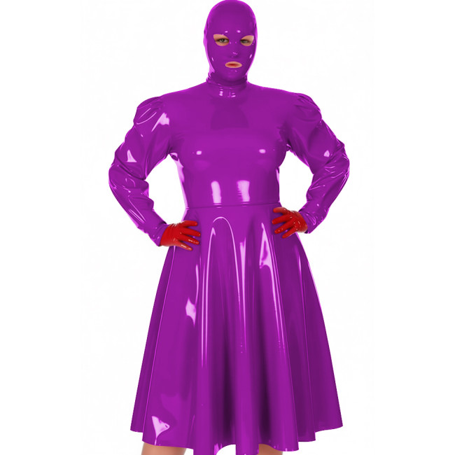 Plus Size Exotic Midi Masked Dress Women's Chic Long Sleeve Pleated A-line Dress Vinyl PVC Leather Nightclub Party Hooded Dress