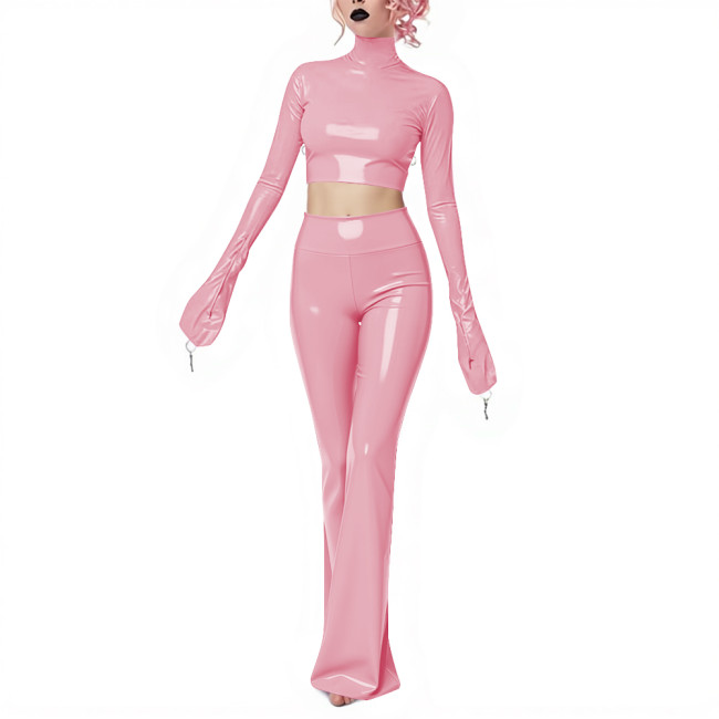Fetish Gothic Latex-look Pants Set Vinyl PVC Leather Club 2 Piece Outfits Full Sleeve Slim Crop Top High Waist Long Flared Pant