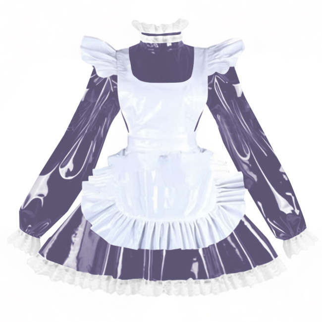 Sissy PVC Shiny Leather Maid Servant Uniform Lockable A-line Ruffles Lace Cosplay Maid Dress with Apron Halloween Party Outfits