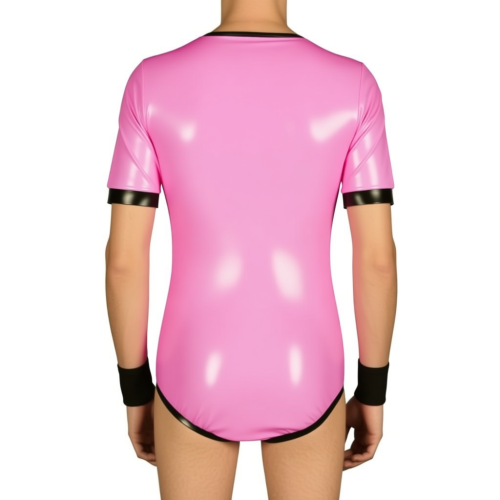 Mens Short Sleeve Lockable Leotard Wetlook Cosplay Bodysuit Vinyl PVC Leather Undershirt Rompers Male Clubwear Zipper Slim Tops