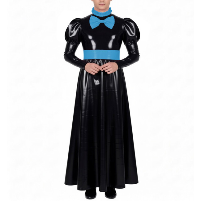 Mens Sissy Crossdress Long Maid Dresses with Lock Lolita Bow Vinyl PVC Leather Maid Dress Outfits Party Servant Cosplay Costume