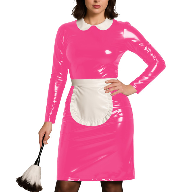 Womens Party Cosplay Maid Uniform Wetlook PVC Leather Long Sleeve Bodycon Maid Dress with Apron Festival Role Play Costumes
