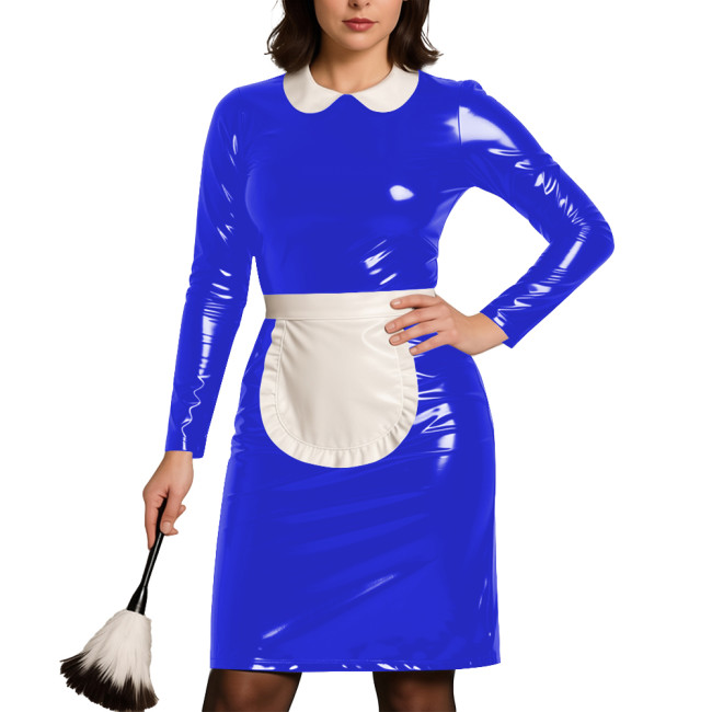 Womens Party Cosplay Maid Uniform Wetlook PVC Leather Long Sleeve Bodycon Maid Dress with Apron Festival Role Play Costumes