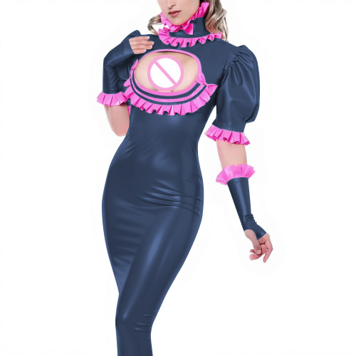 Sexy Ladies Wet Look Bodycon Long Dress Cocktail PVC Shiny Leather Hollow Tight Dress Puff Short Sleeve Ruffles Collar Clubwear