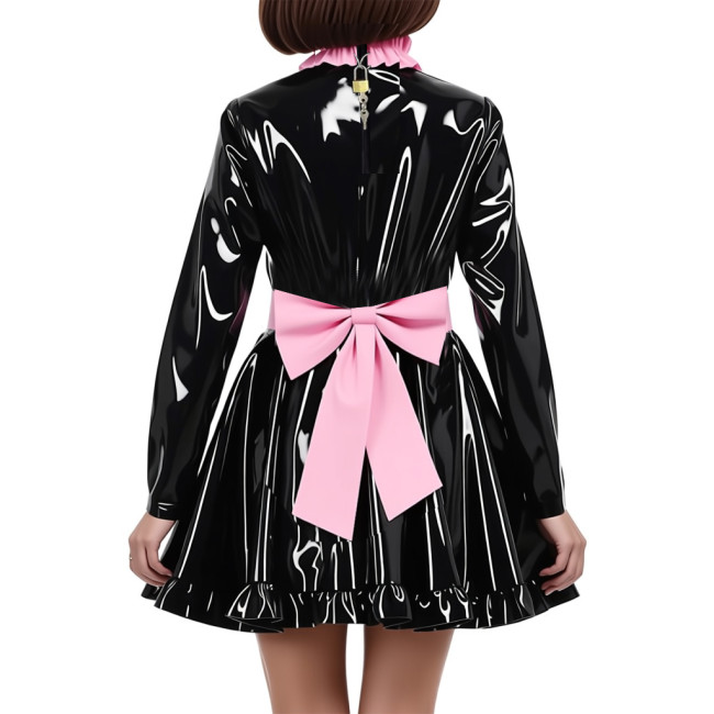 Elegant Bow Maid Uniforms Lockable Glossy PVC Leather Long Sleeve Maid Dresses with Apron Crossdresser Role Play Maid Costume