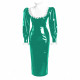 Ruffles Lace High Neck Lolita Long Pencil Dress With Lock Elegant Women Puff Long Sleeve PVC Shiny Leather Slim Party Dresses