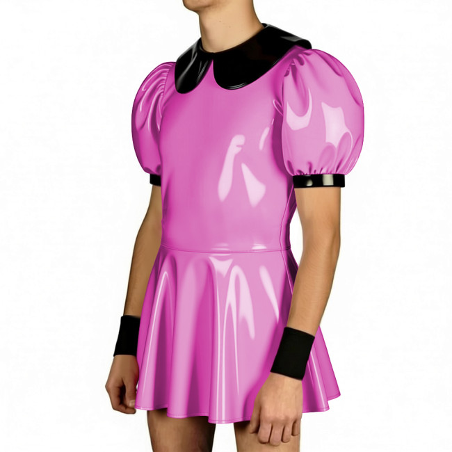 Mens Sissy Doll Collar Puff Short Sleeve A-line Dress PVC Glossy Leather Club A-Line Pleated Mini Dress Lockable Cosplay Dresses