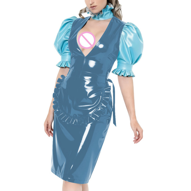 Puff Short-Sleeved Elegant Maid Dress Sexy Party Shiny PVC Women V-neck Colorblock Bodycon Maid Dress with Apron Cosplay Outfits