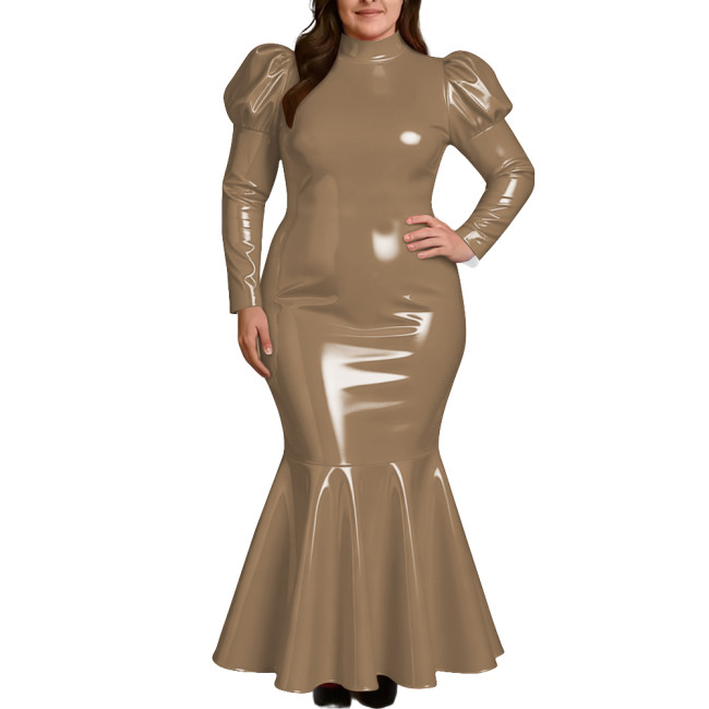 Plus Size Elegant High Neck Long Mermaid Dress for Womens Glossy PVC Leather Ruffles Slim Fit Dress Coctail Party Club Vestidos