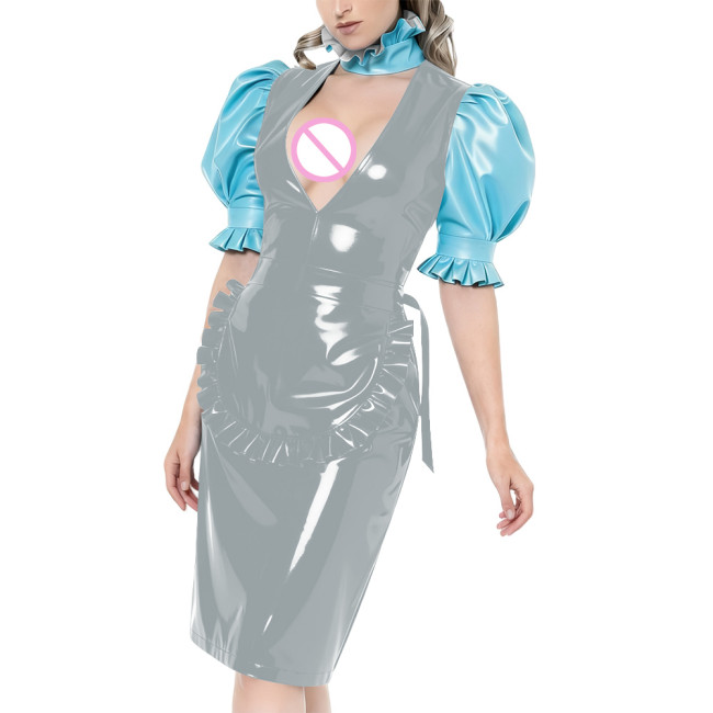 Puff Short-Sleeved Elegant Maid Dress Sexy Party Shiny PVC Women V-neck Colorblock Bodycon Maid Dress with Apron Cosplay Outfits
