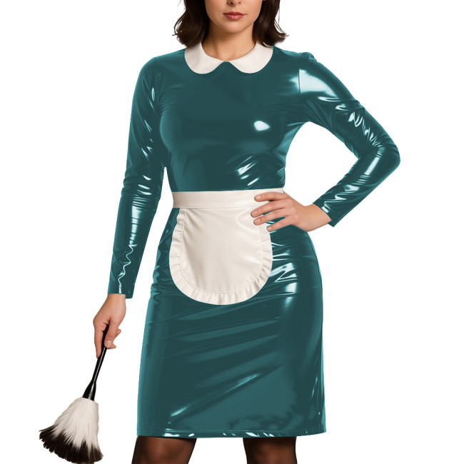 Womens Party Cosplay Maid Uniform Wetlook PVC Leather Long Sleeve Bodycon Maid Dress with Apron Festival Role Play Costumes