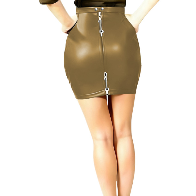 Womens Sexy Tight Miniskirt Lockable Zipper Closure PU Matte Leather Bodycon Skirts Female Sheath Short Skirts Club Party Wear