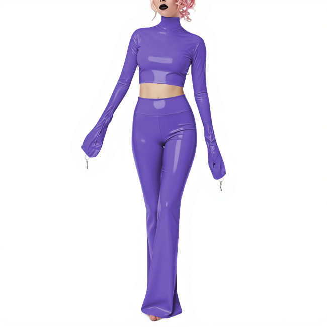Fetish Gothic Latex-look Pants Set Vinyl PVC Leather Club 2 Piece Outfits Full Sleeve Slim Crop Top High Waist Long Flared Pant