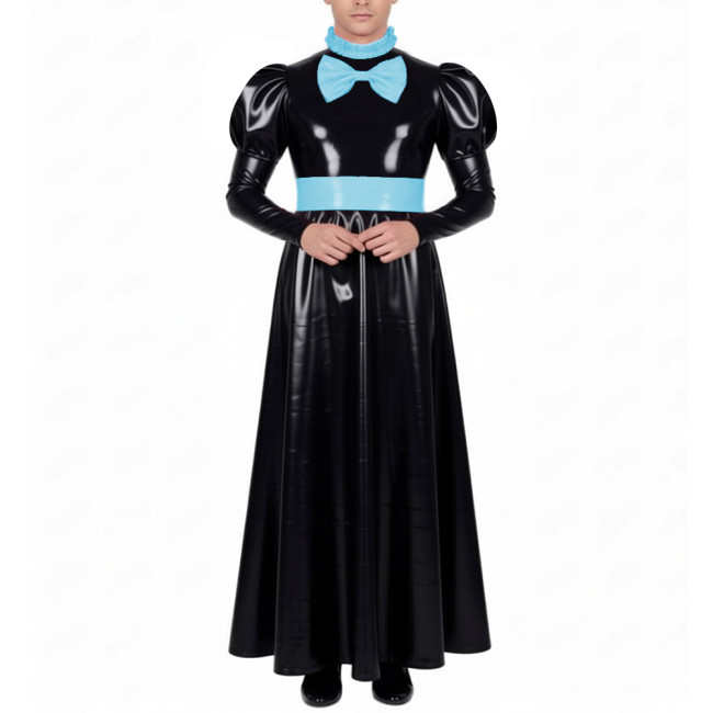 Mens Sissy Crossdress Long Maid Dresses with Lock Lolita Bow Vinyl PVC Leather Maid Dress Outfits Party Servant Cosplay Costume