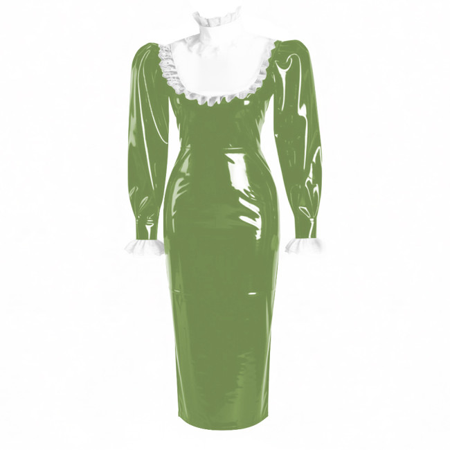 Ruffles Lace High Neck Lolita Long Pencil Dress With Lock Elegant Women Puff Long Sleeve PVC Shiny Leather Slim Party Dresses