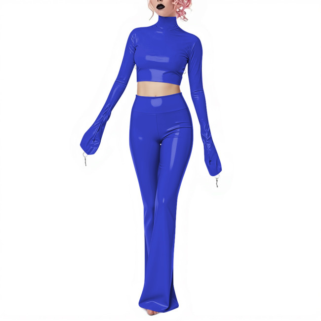 Fetish Gothic Latex-look Pants Set Vinyl PVC Leather Club 2 Piece Outfits Full Sleeve Slim Crop Top High Waist Long Flared Pant