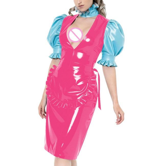 Puff Short-Sleeved Elegant Maid Dress Sexy Party Shiny PVC Women V-neck Colorblock Bodycon Maid Dress with Apron Cosplay Outfits