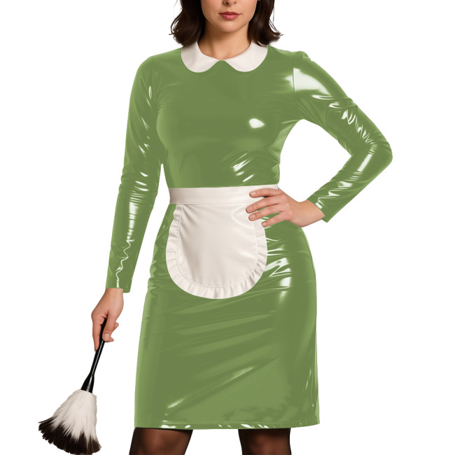 Womens Party Cosplay Maid Uniform Wetlook PVC Leather Long Sleeve Bodycon Maid Dress with Apron Festival Role Play Costumes