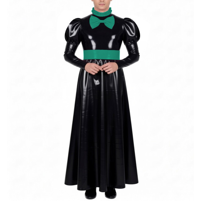 Mens Sissy Crossdress Long Maid Dresses with Lock Lolita Bow Vinyl PVC Leather Maid Dress Outfits Party Servant Cosplay Costume
