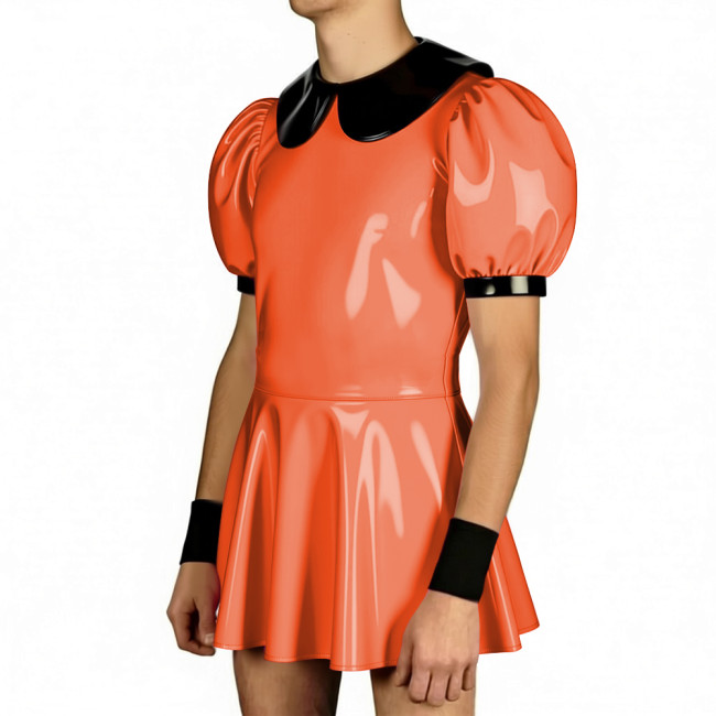 Mens Sissy Doll Collar Puff Short Sleeve A-line Dress PVC Glossy Leather Club A-Line Pleated Mini Dress Lockable Cosplay Dresses