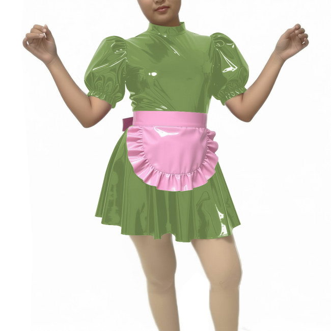 New Sissy PVC Puff Short Sleeve Maid Dress Outfits Wetlook Sissy Cosplay High Neck Maid Set Halloween Carnival Party Costume
